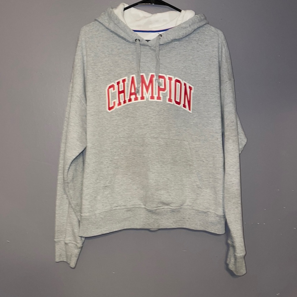 Grey Champion Hoodie with Red Lettering